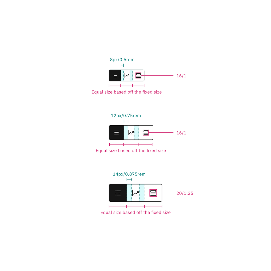 Icon content switcher structure and spacing measurements