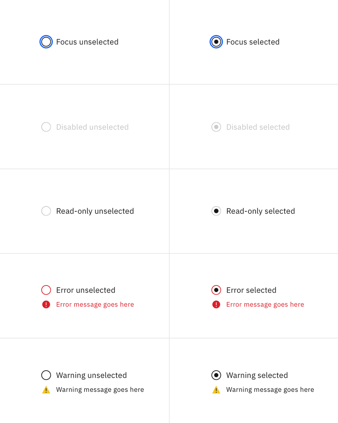 Examples of focus, disabled, read-only, error, and warning states